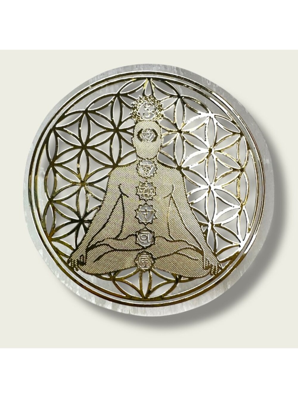 Selenite Crystal Meditation Plate With Gold Chakra Design & Flower Of Life 3.5"